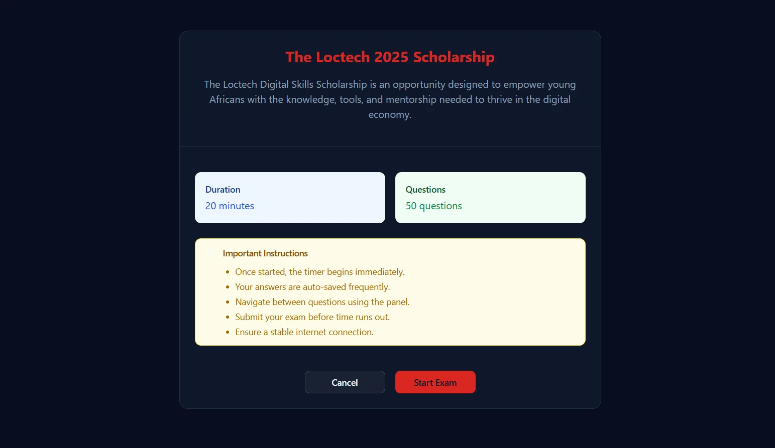 Computer-Based Testing (CBT) System for The Loctech Enugu 2025 Scholarship 5 screenshot